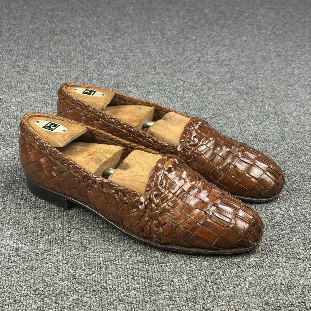 Moreschi Woven Leather Loafers Mens 10 Brown Handmade Italy Basket Weave Slip On